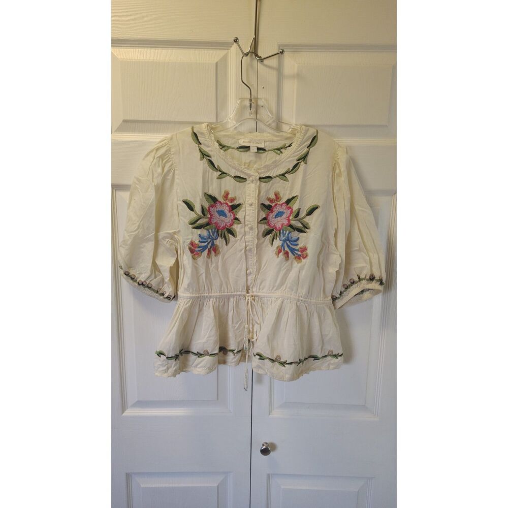 Jennifer & Grace Women's Large Embroidered Blouse Cream Floral Peplum Top